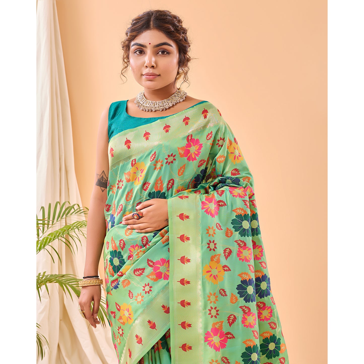 Green - Radhika Pista Paithani Silk Handwork Saree