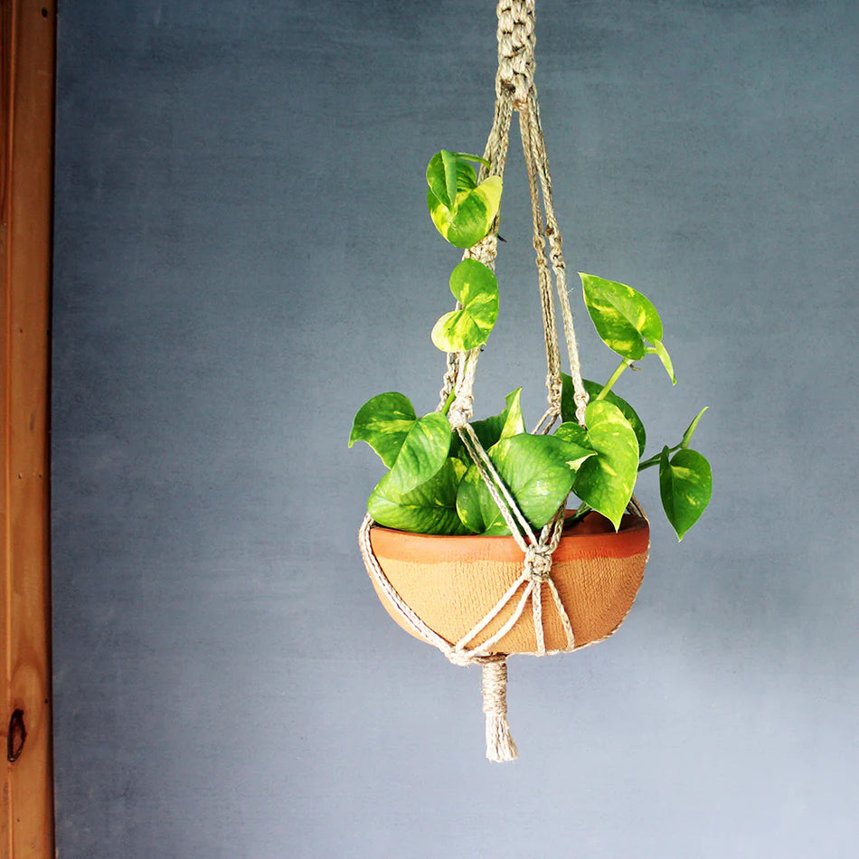 Terracotta Shallow Planter with Jute Macrame Hanger