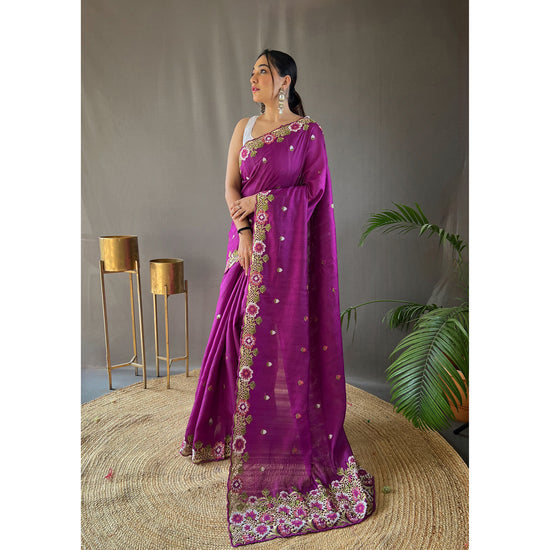 Narmada Purple Tussar Silk Handwork Saree