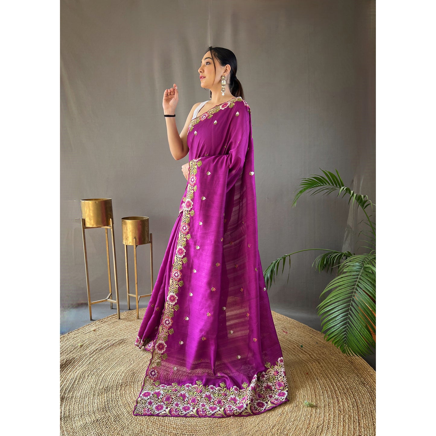 Narmada Purple Tussar Silk Handwork Saree