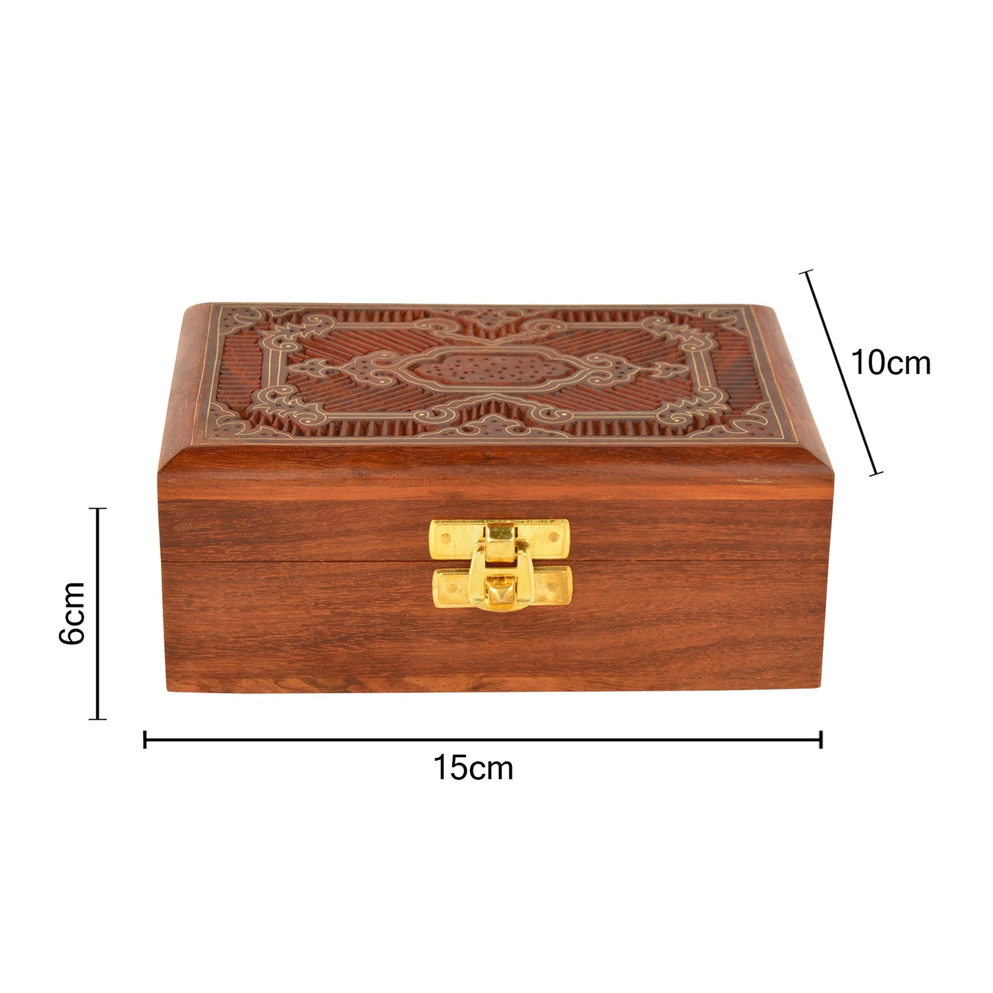 Hand Carved & Engraved Wooden Box (Sheesham Wood , Brass Inlay Work , L x B x H - 15 cm x 10 cm x 6 cm)