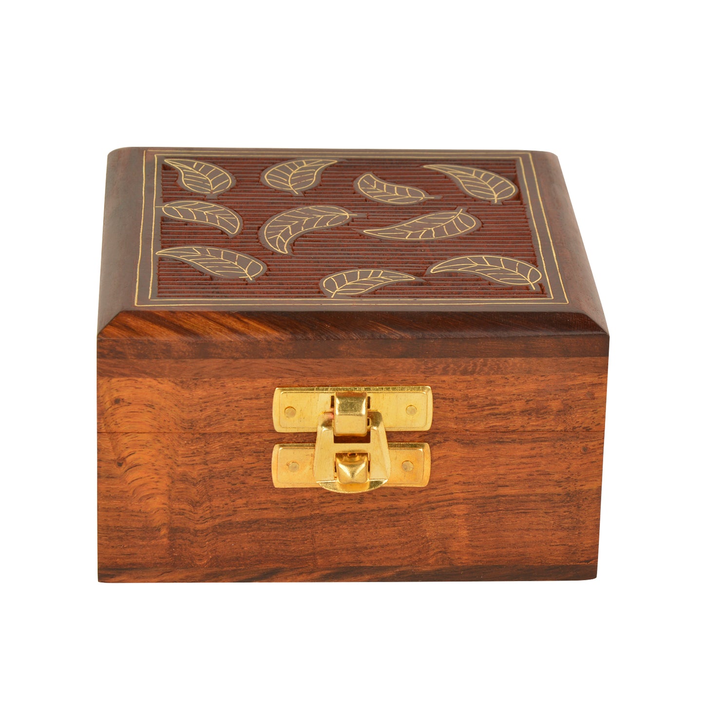 Hand Carved Wooden Box  (Sheesham Wood , Brass Inlay Work ,10 cm x 10 cm x 5.5 cm )