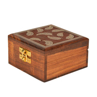 Hand Carved Wooden Box  (Sheesham Wood , Brass Inlay Work ,10 cm x 10 cm x 5.5 cm )