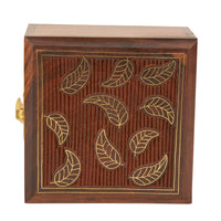 Hand Carved Wooden Box  (Sheesham Wood , Brass Inlay Work ,10 cm x 10 cm x 5.5 cm )