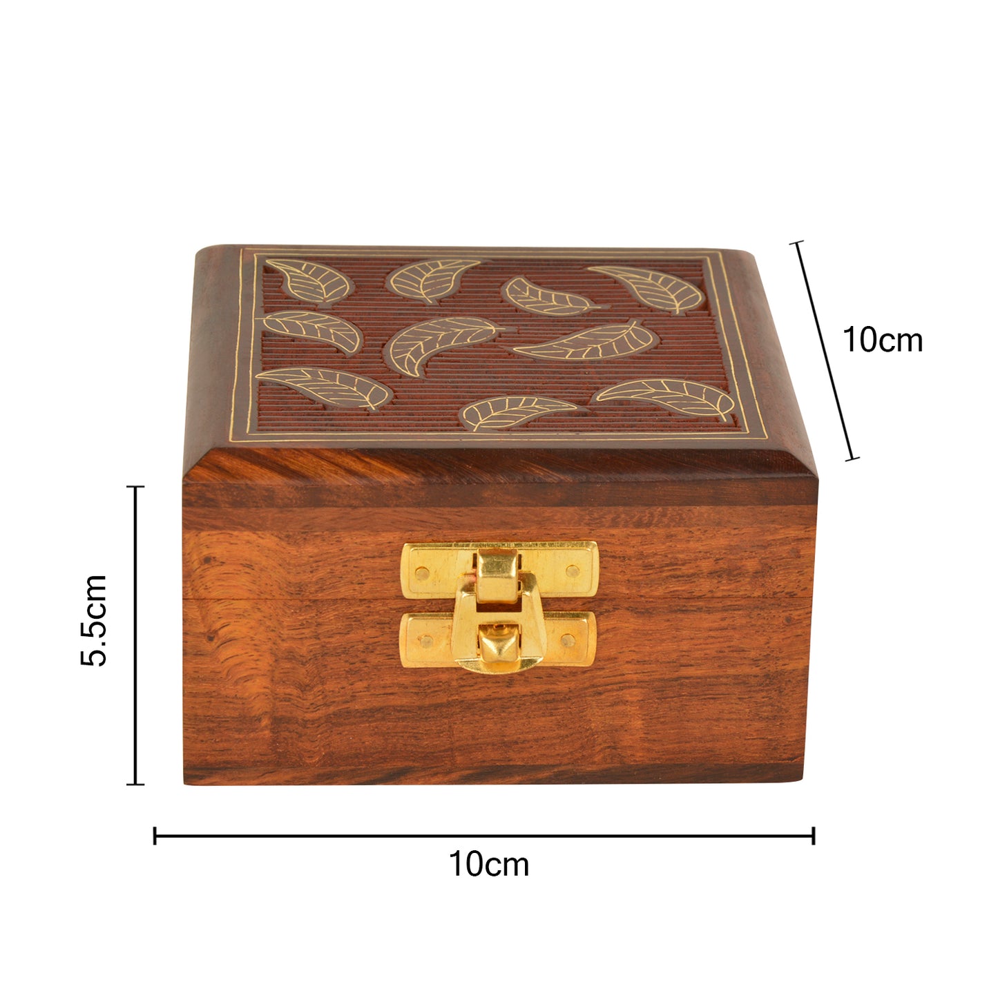 Hand Carved Wooden Box  (Sheesham Wood , Brass Inlay Work ,10 cm x 10 cm x 5.5 cm )