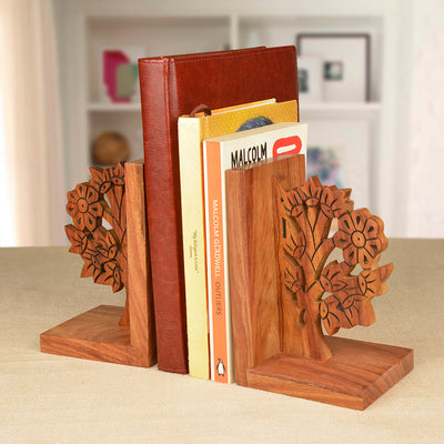 Hand Carved Floral Design Book Ends in Sheesham Wood