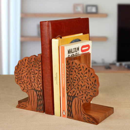 Hand Carved & Engraved Banyan Tree Design Book Ends in Sheesham Wood