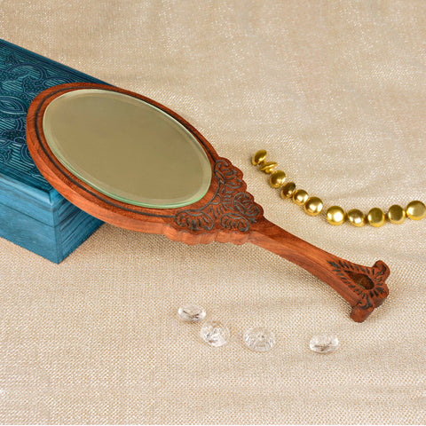 Sheesham Wood Hand Carved Handheld Vanity Mirror