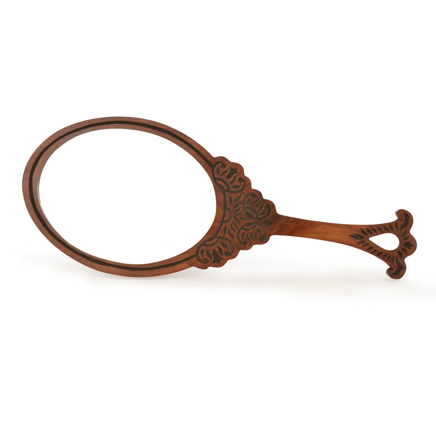 Sheesham Wood Hand Carved Handheld Vanity Mirror