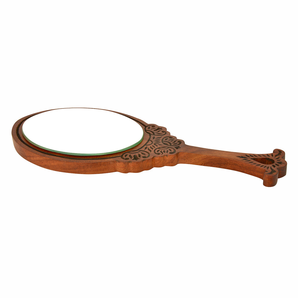 Sheesham Wood Hand Carved Handheld Vanity Mirror