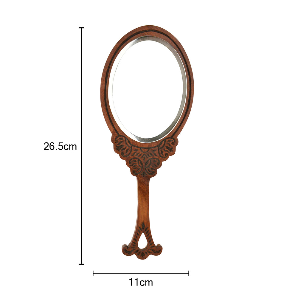 Sheesham Wood Hand Carved Handheld Vanity Mirror