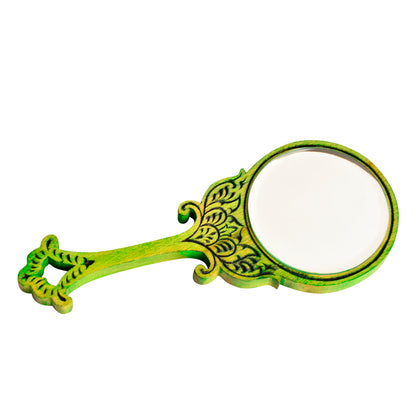 Hand Carved Sheesham Wood Mirror (Green, L x B x H - 25 cm x 10 cm x 1.5 cm)