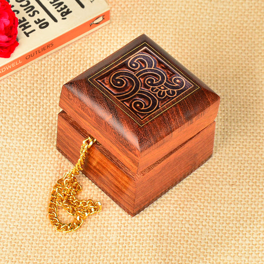 Hand Carved & Engraved Sheesham Wooden Box with Brass Inlay Work (Brown and Gold, L x B x H - 5 cm x 5 cm x 4.5 cm)
