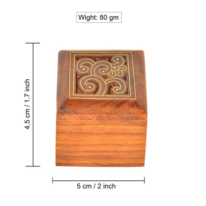 Hand Carved & Engraved Sheesham Wooden Box with Brass Inlay Work (Brown and Gold, L x B x H - 5 cm x 5 cm x 4.5 cm)