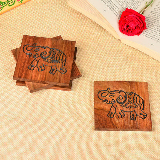 Premium Hand Engraved Sheesham Wooden Coasters (Set of 4, Brown, L x B x H - 10 cm x 10 cm x 1 cm)
