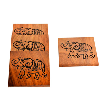 Premium Hand Engraved Sheesham Wooden Coasters (Set of 4, Brown, L x B x H - 10 cm x 10 cm x 1 cm)