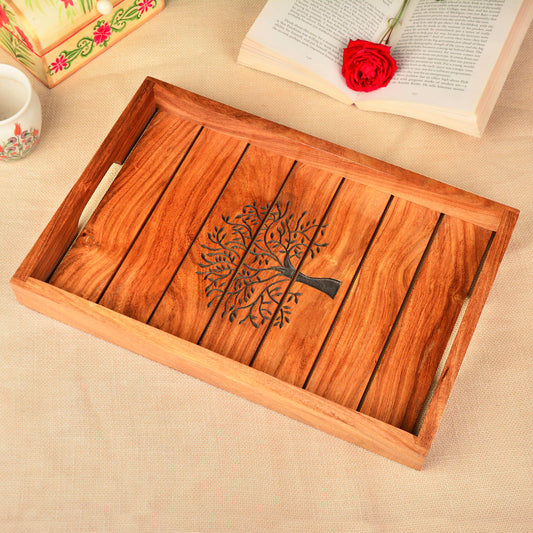 Premium Hand Engraved Sheesham Wooden Rectangular Tray (Brown, L x B x H - 40 cm x 28 cm x 6 cm)