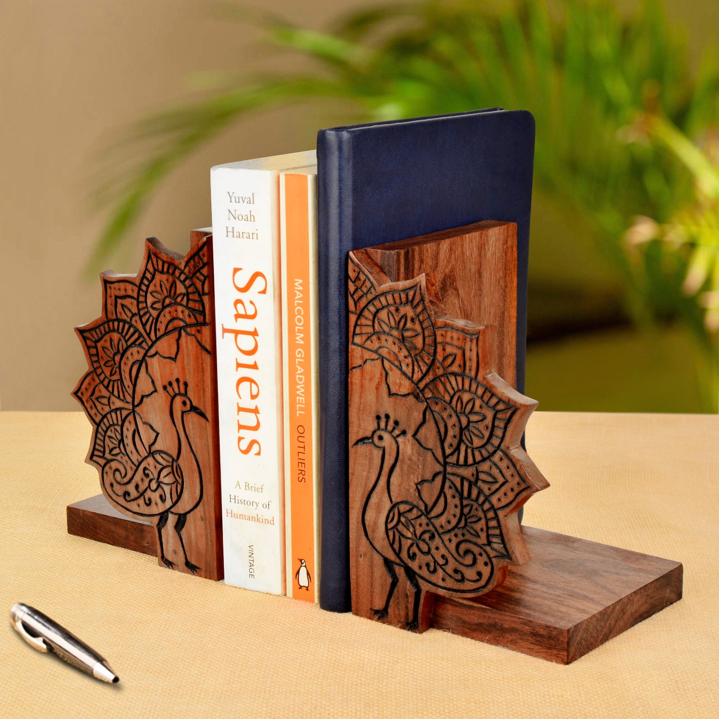 Hand Carved & Engraved Unique Peacock Design Book Ends in Sheesham Wood