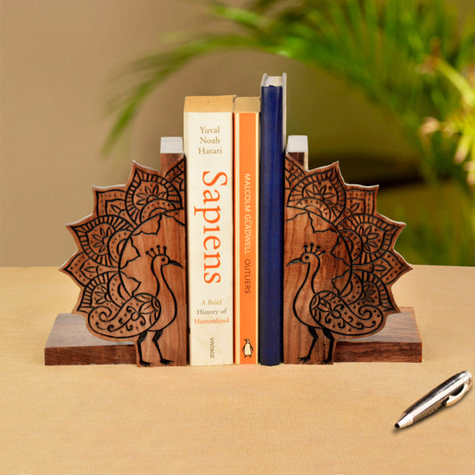 Hand Carved & Engraved Unique Peacock Design Book Ends in Sheesham Wood