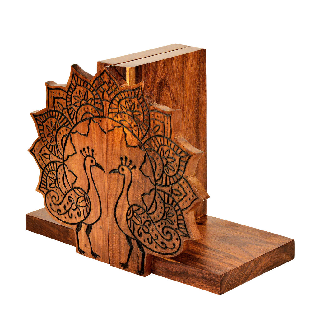 Hand Carved & Engraved Unique Peacock Design Book Ends in Sheesham Wood