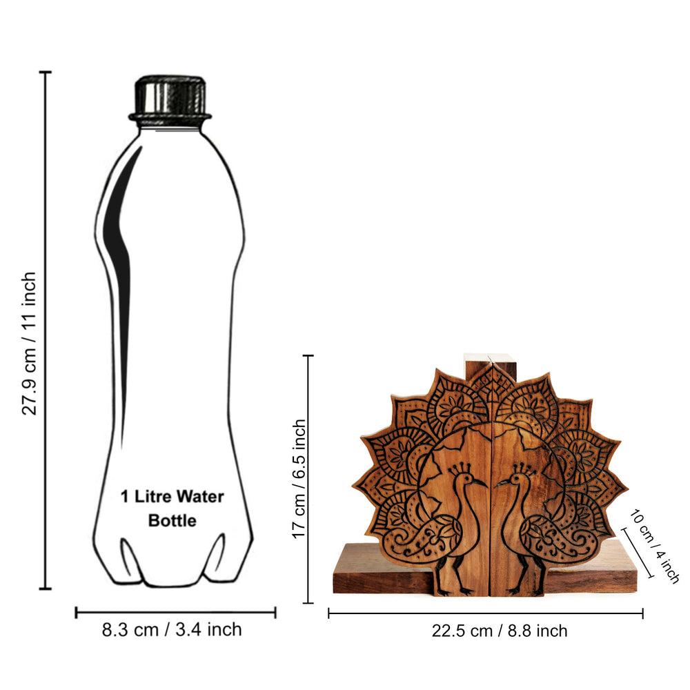 Hand Carved & Engraved Unique Peacock Design Book Ends in Sheesham Wood