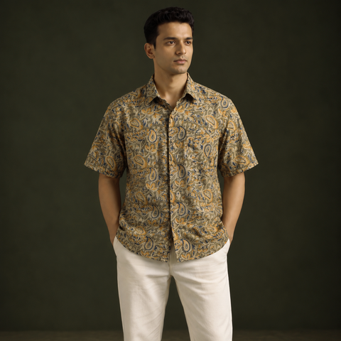 Men Half Sleeve Pedana Kalamkari Block Print Cotton Shirt 07