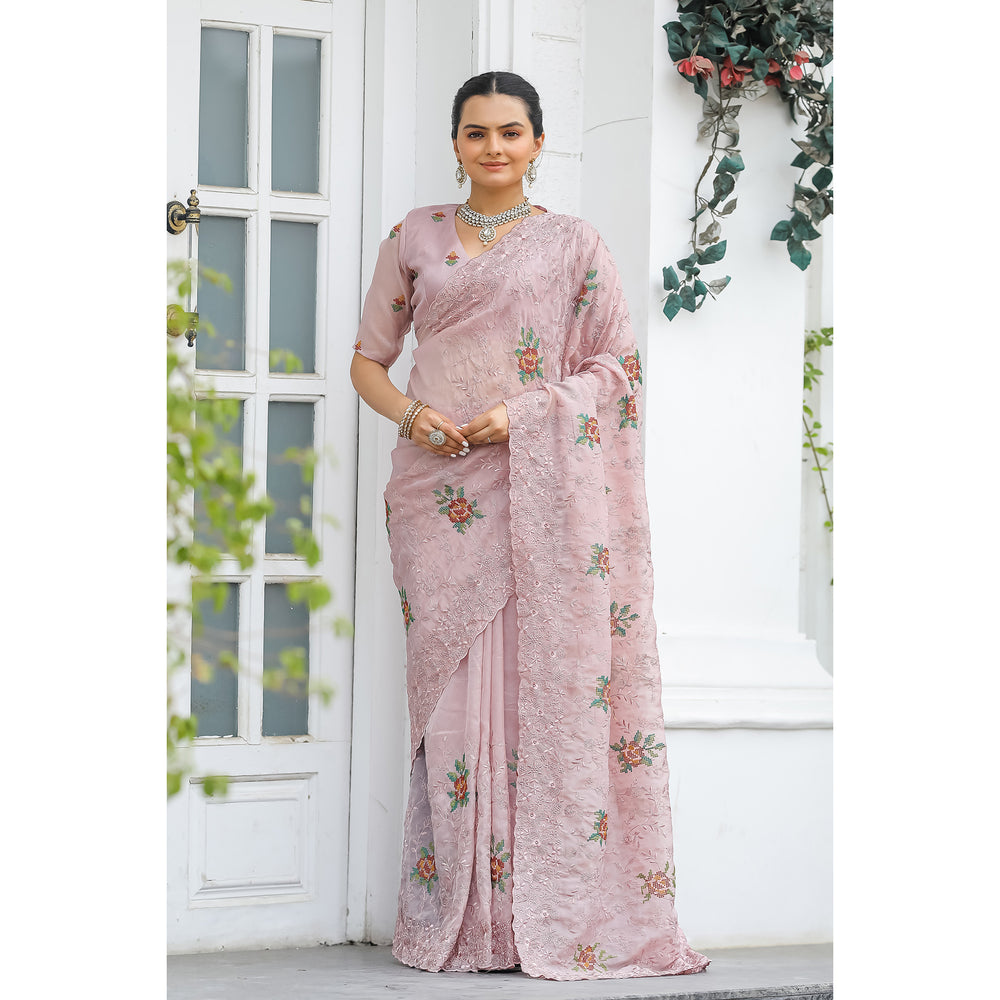 Ankita Peach Chiffon Handwork Saree