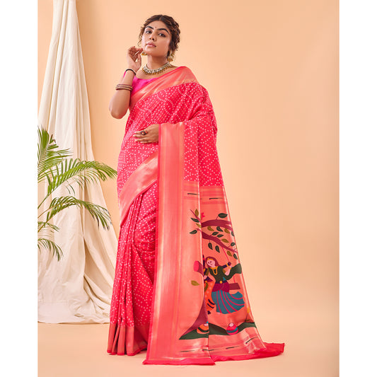 Bandhej Paithani Pink Paithani Silk Handwork Saree