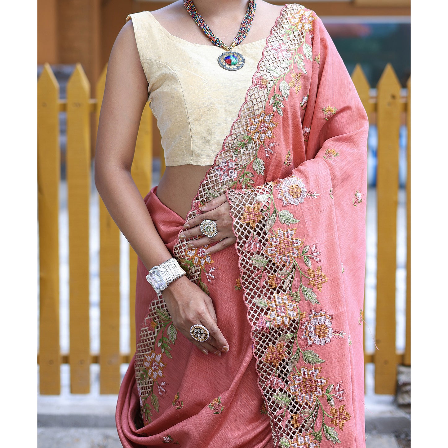 Apeksha Pink Silk Handwork Saree