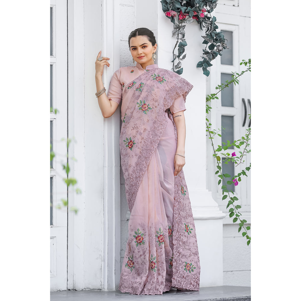 Ankita Pink Chiffon Handwork Saree