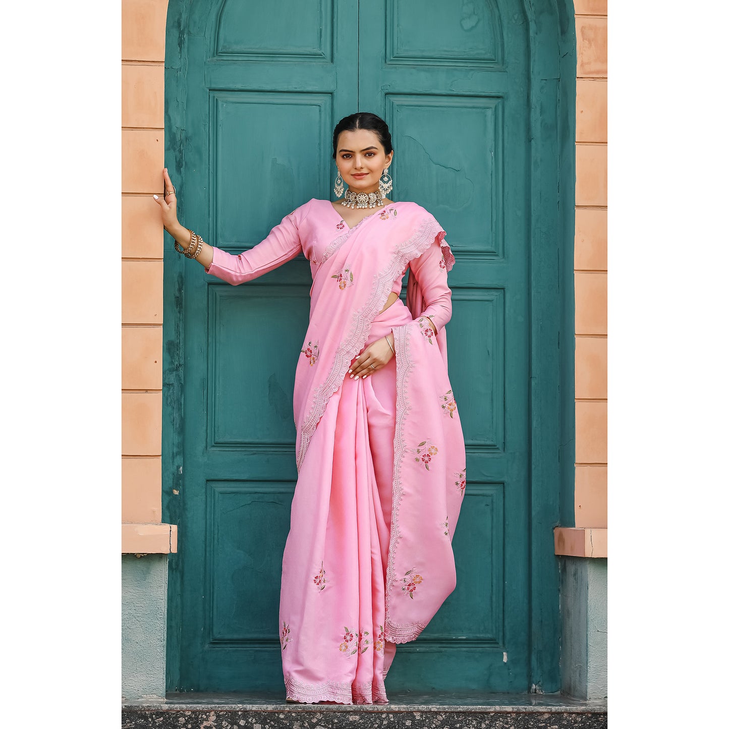 Kiran Pink Tussar Silk Cotton Handwork Saree