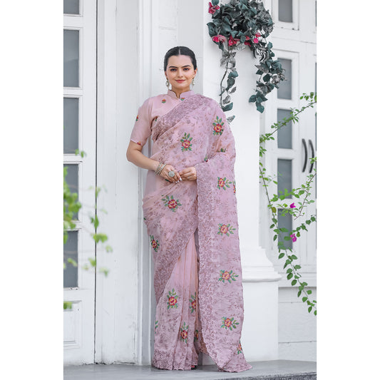 Ankita Pink Chiffon Handwork Saree