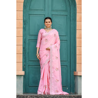 Kiran Pink Tussar Silk Cotton Handwork Saree