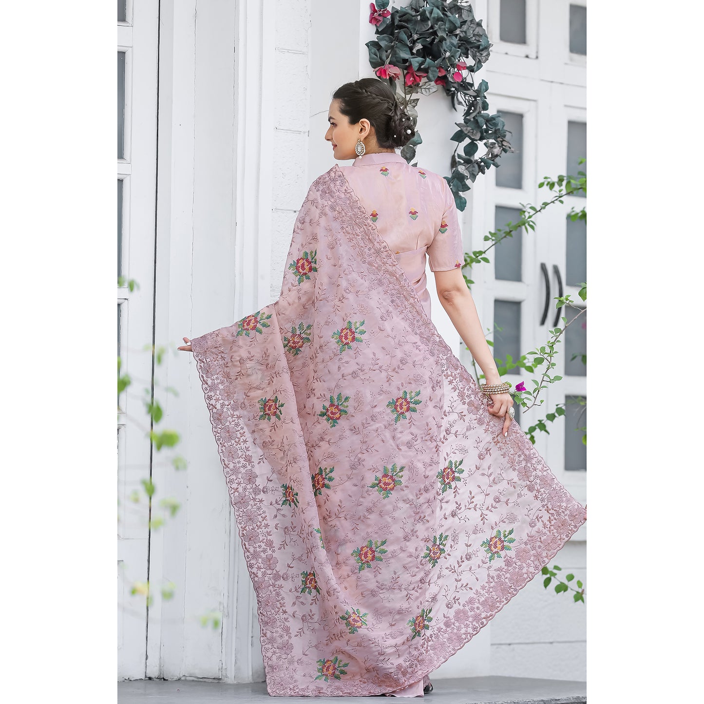 Ankita Pink Chiffon Handwork Saree