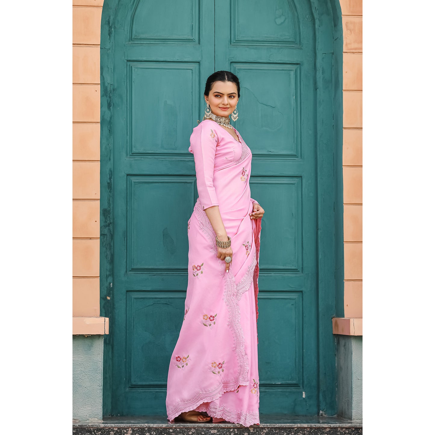 Kiran Pink Tussar Silk Cotton Handwork Saree