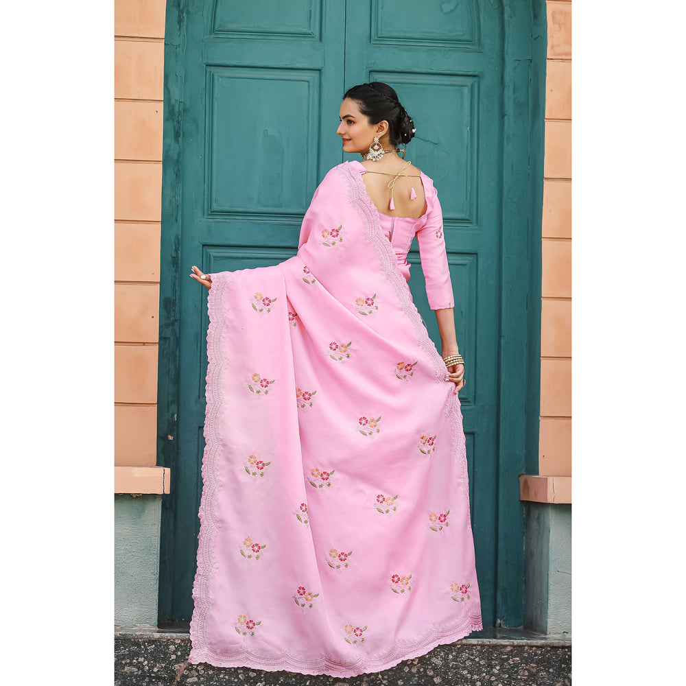 Kiran Pink Tussar Silk Cotton Handwork Saree