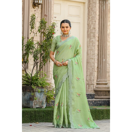 Kiran Pista Tussar Silk Cotton Handwork Saree