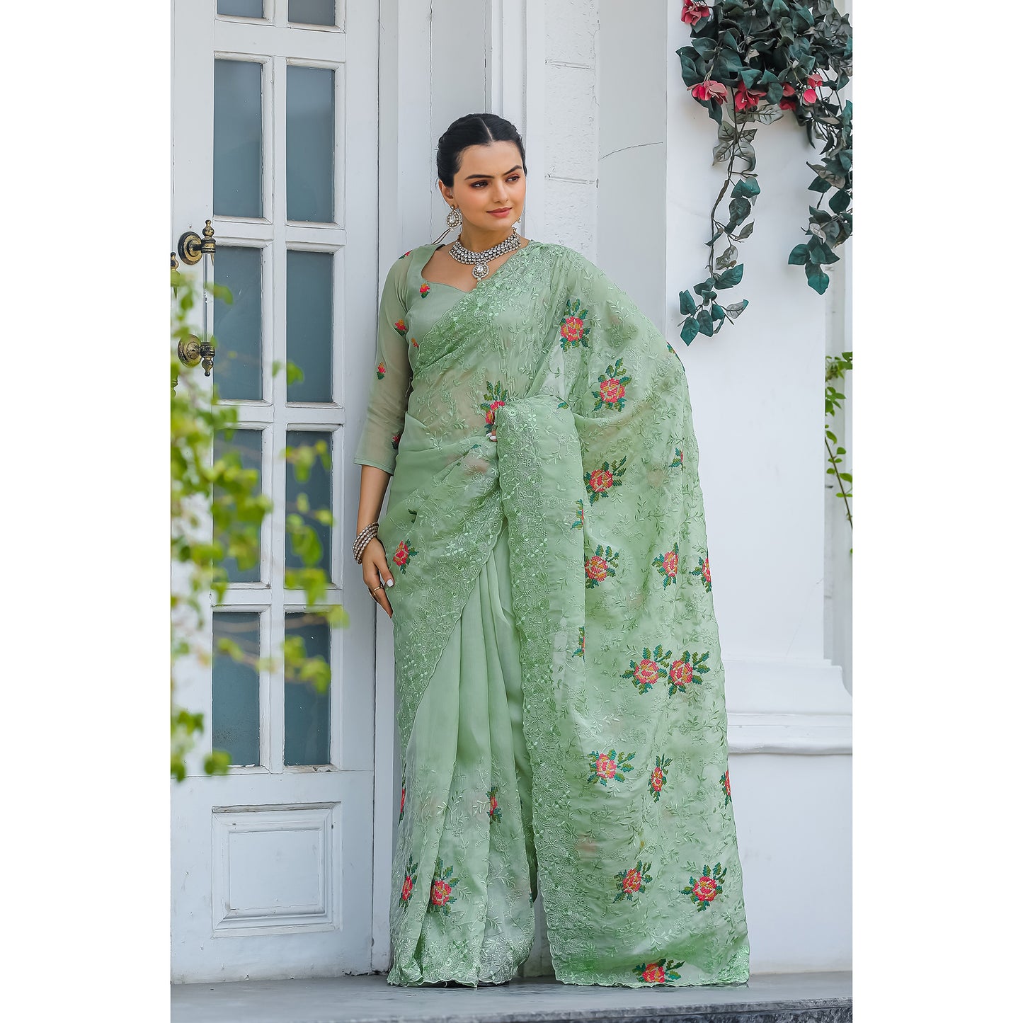 Ankita Pista Chiffon Handwork Saree