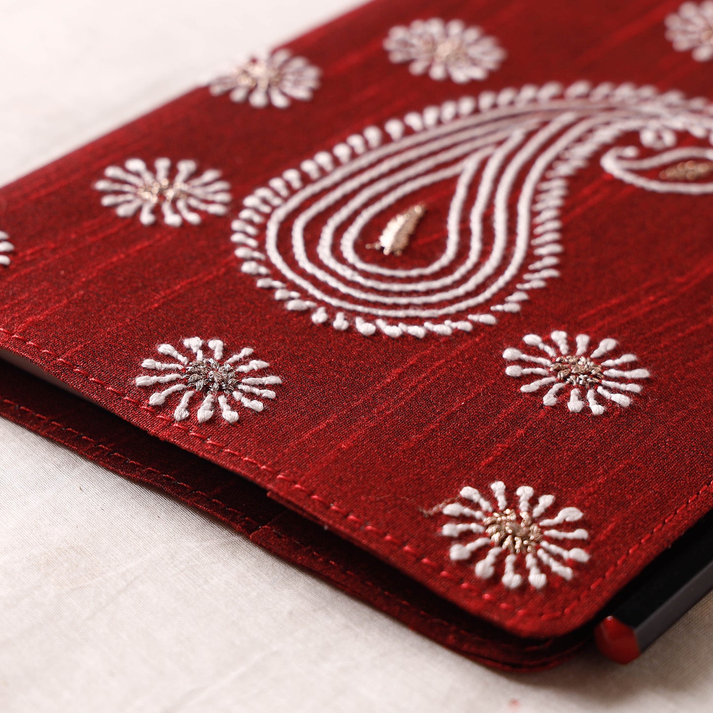Lucknow Chikankari Hand Embroidery Silk Cover Notebook with Pencil (8 x 5.5 in)