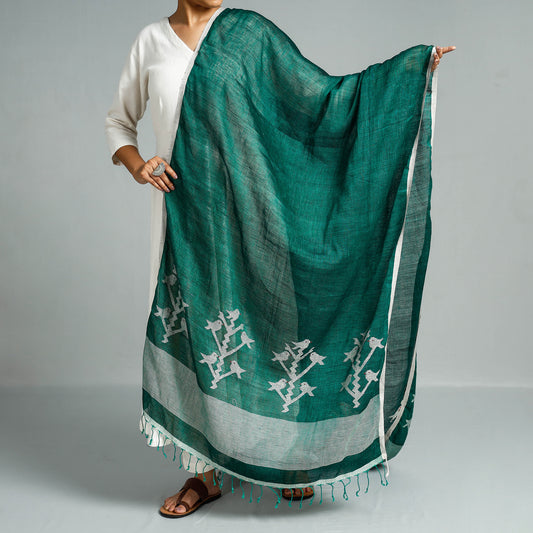 Green - Bengal Jamdani Handloom Linen Dupatta with Tassels