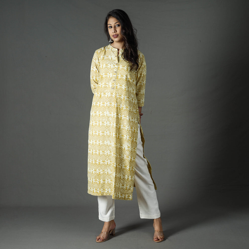 Yellow - Pipad Block Printed Cotton Long Kurta