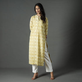 Yellow - pipad printed cotton long kurta - handcrafted