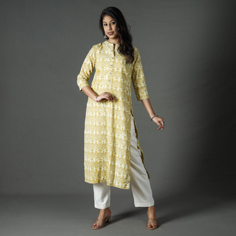 Yellow - Pipad Block Printed Cotton Long Kurta