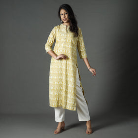 Yellow - pipad printed cotton long kurta - handcrafted