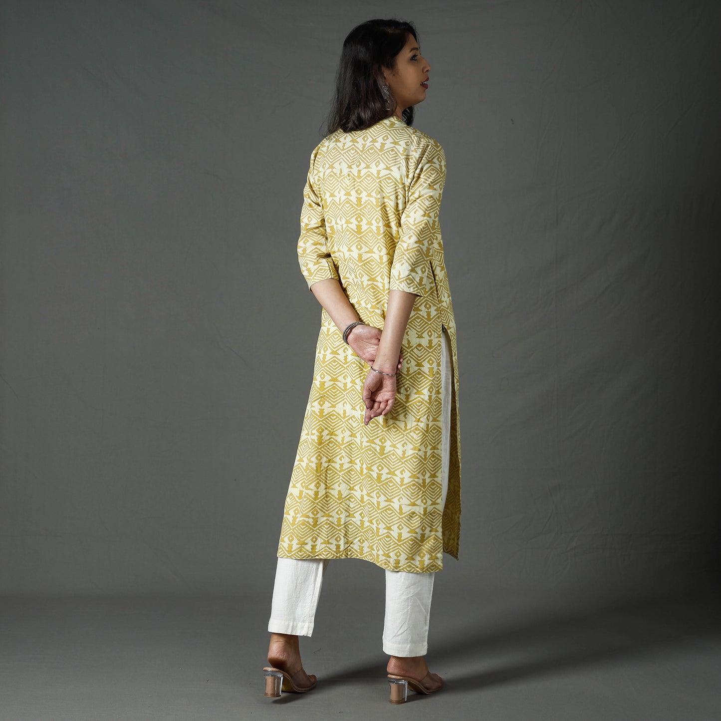 Yellow - Pipad Block Printed Cotton Long Kurta