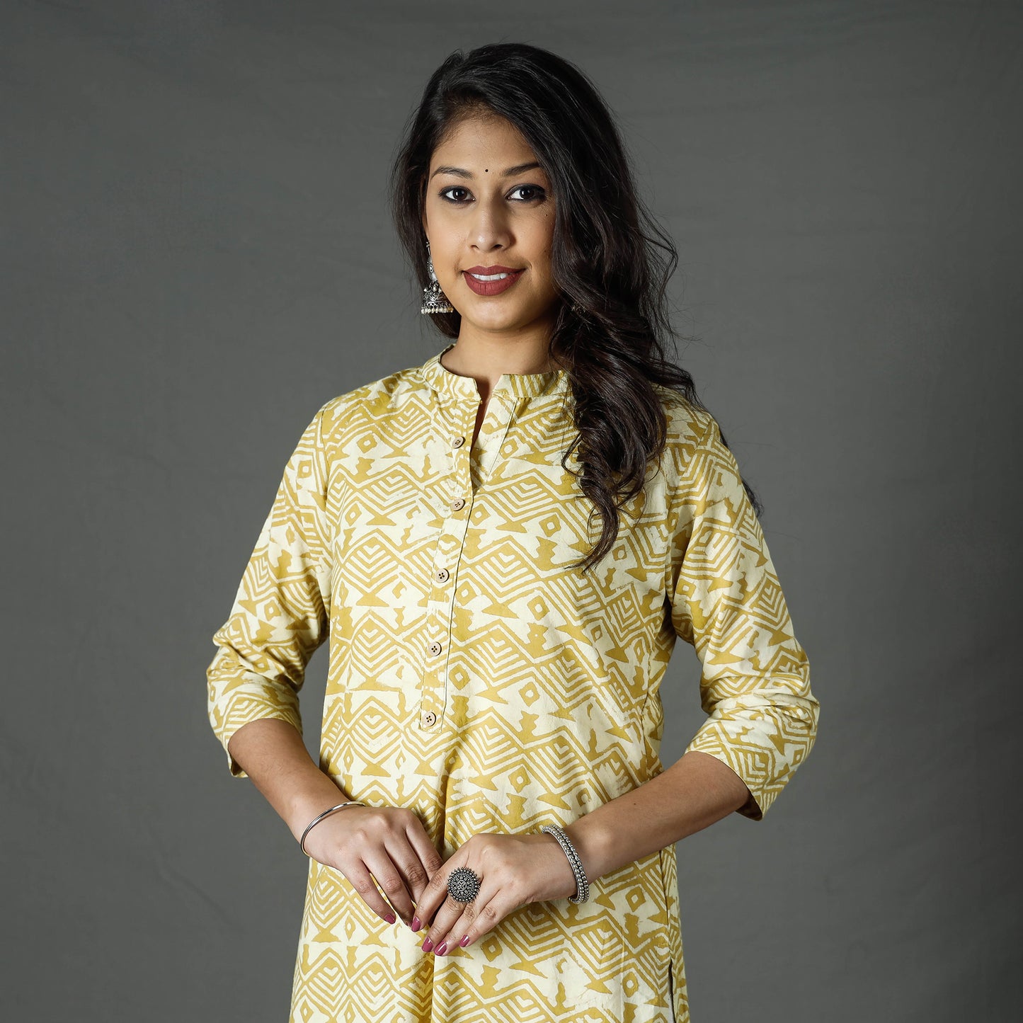 Yellow - Pipad Block Printed Cotton Long Kurta