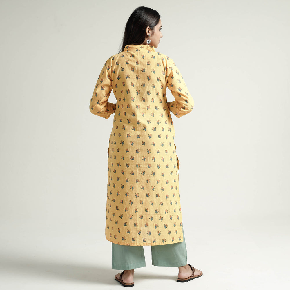 Yellow - Mangalagiri Block Printed Cotton Kurta with Palazzo Set