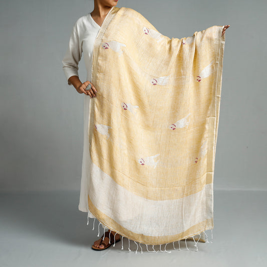 Beige - Bengal Jamdani Handloom Linen Dupatta with Tassels