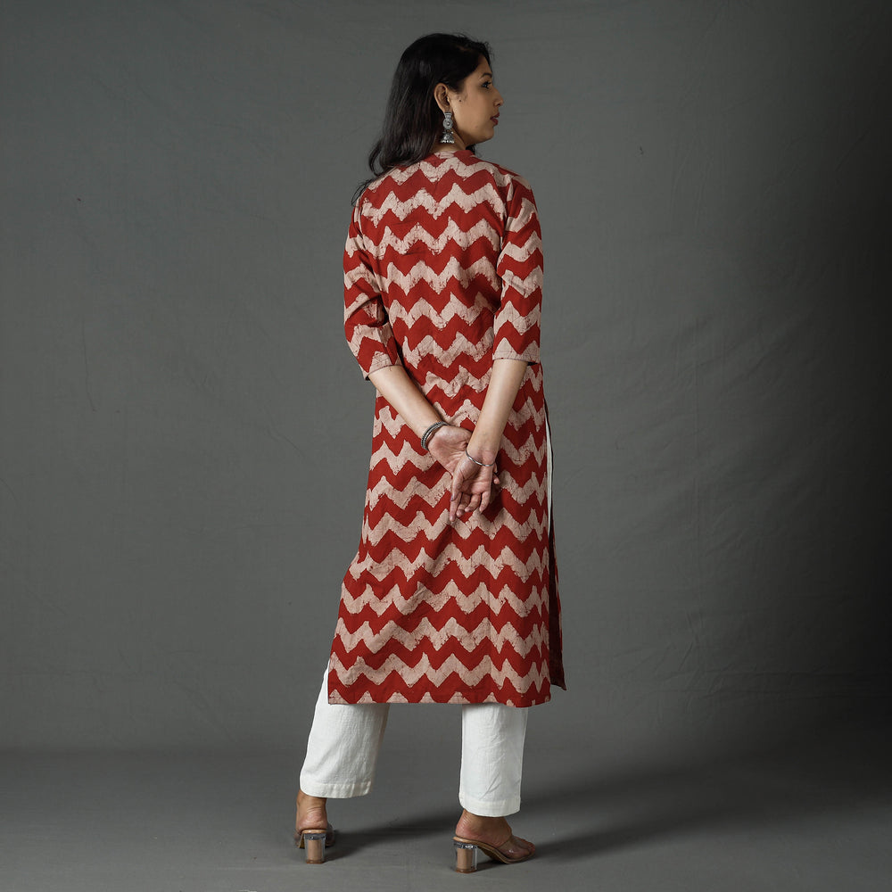 Red - Pipad Block Printed Cotton Long Kurta