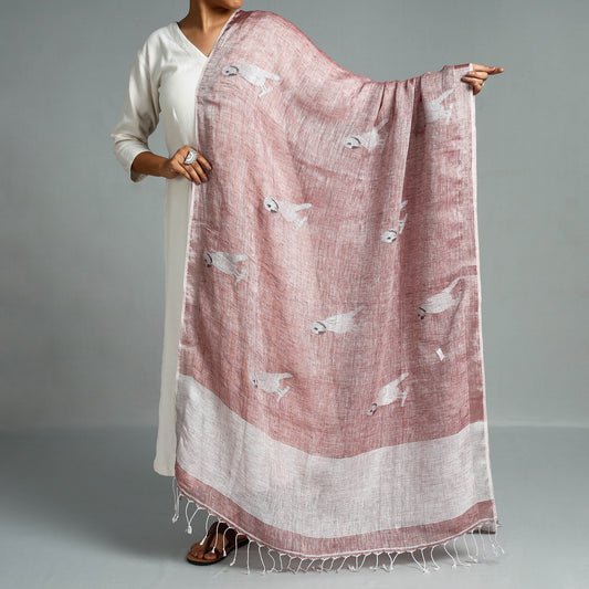 Maroon - Bengal Jamdani Handloom Linen Dupatta with Tassels